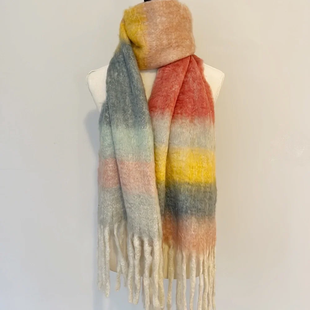NEW Jessica Simpson Striped Rainbow Thick Wrap Neck Scarf Fringe Large Chunky